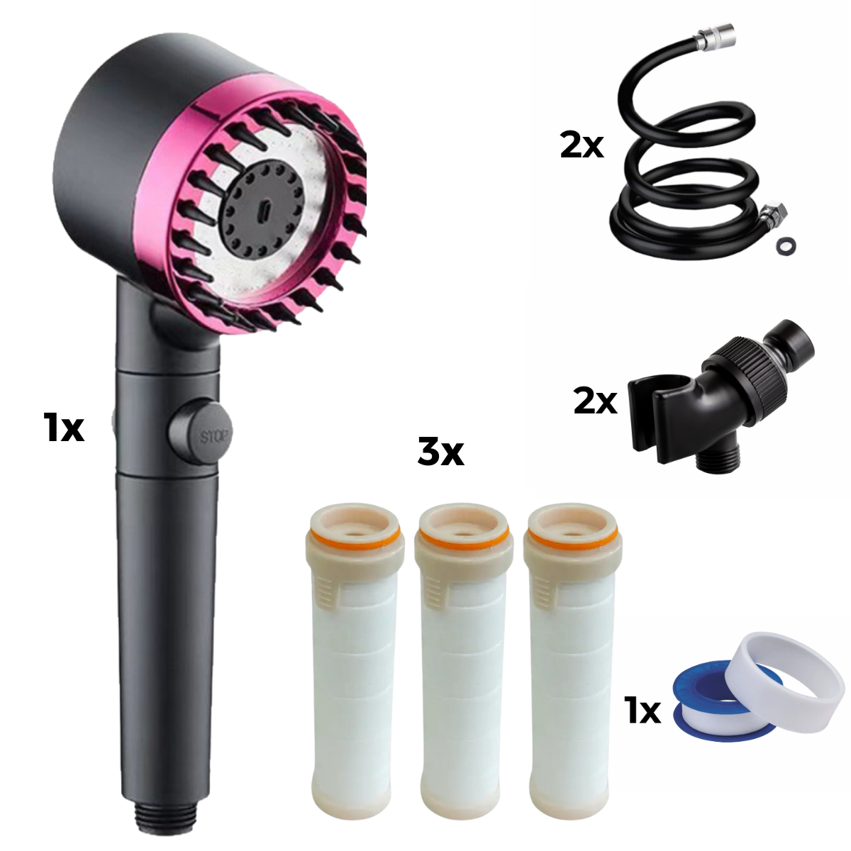 Soffione doccia + tubo 2x + adattatore 2x + filtro 3x + nastro teflon