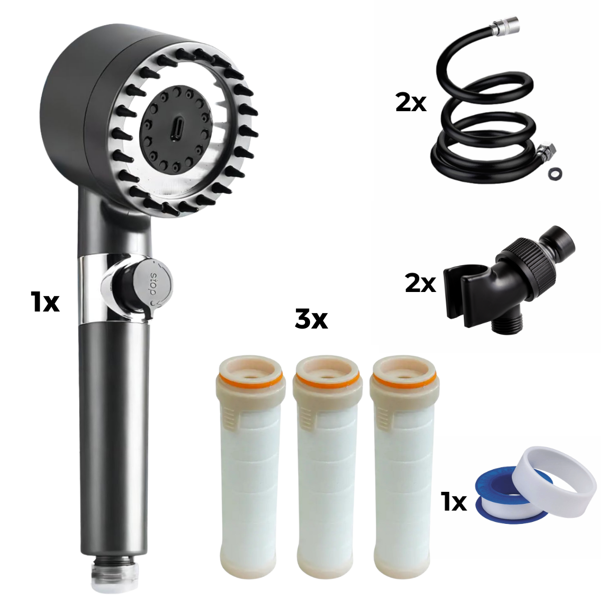 Shower Head + 2x Hose +2x Adapter + 3x Filter + Teflon Tape