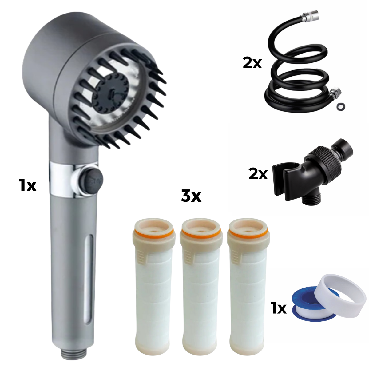 Soffione doccia + tubo 2x + adattatore 2x + filtro 3x + nastro teflon